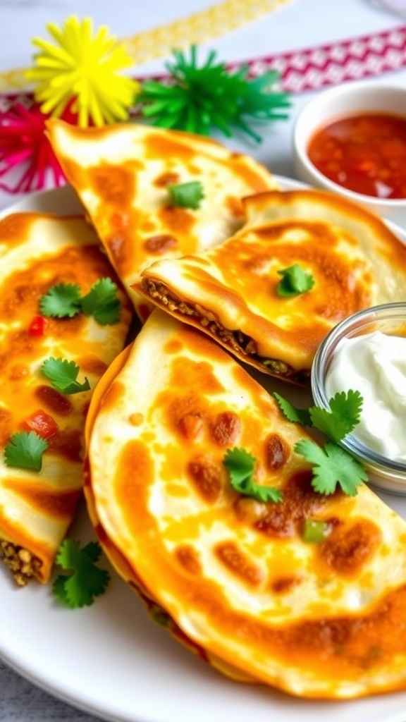 Spicy Chorizo Quesadillas Recipe Spicy chorizo quesadillas on a plate with salsa and sour cream, garnished with cilantro.
